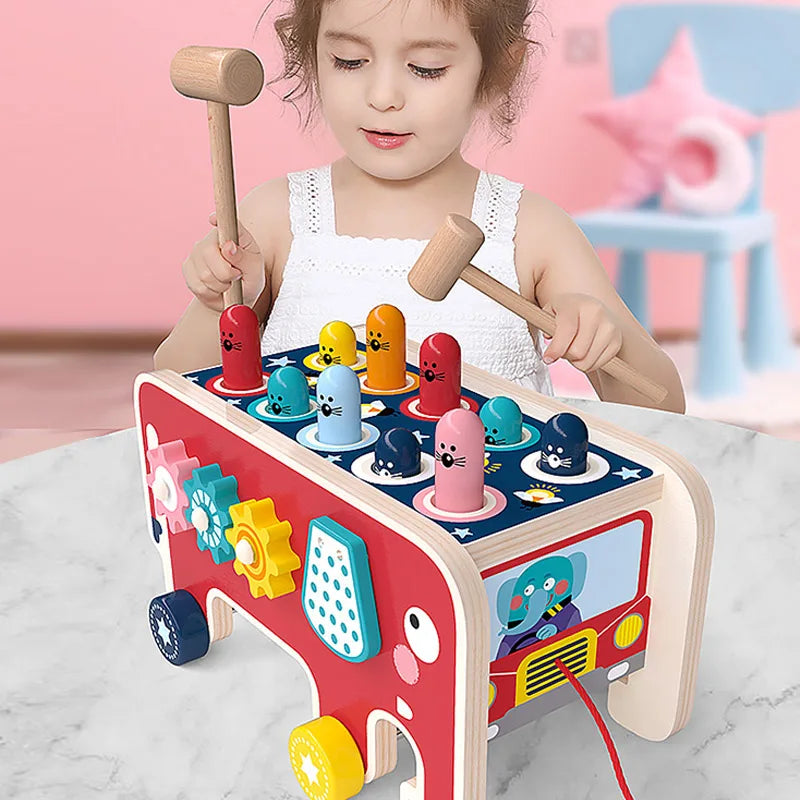 Montessori Wooden Elephant Whack-A-Mole Hammer Toy