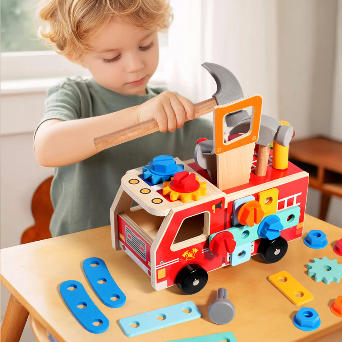 Montessori Wooden Fire Truck STEM Assembly Toy