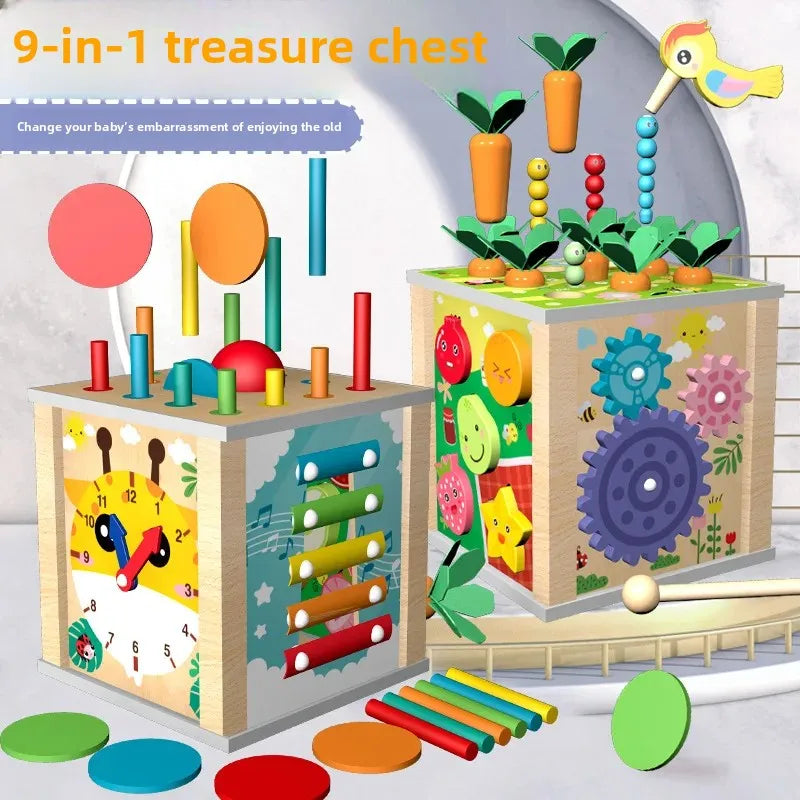 Montessori Wooden Multifunctional Bead Maze Cube Xylophone Clock Toy