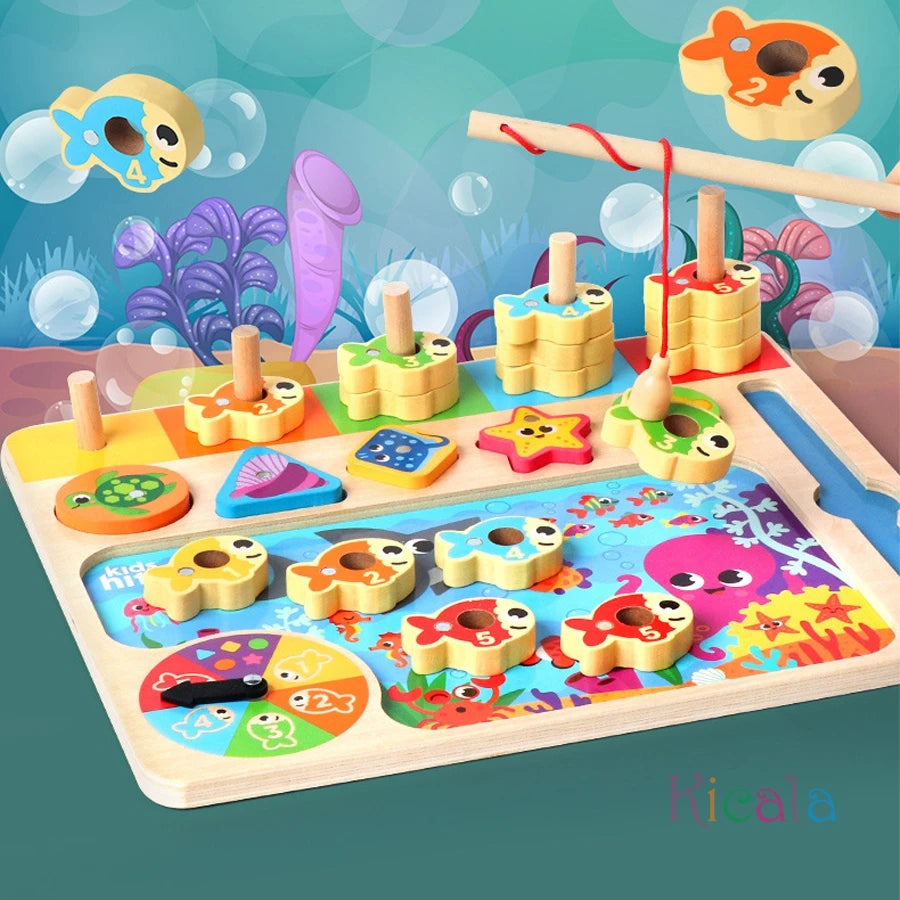 Montessori Wooden Math Busy Board Counting Colors Fishing Puzzle Toy